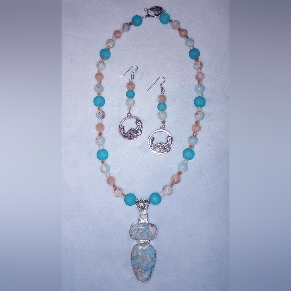 Aqua Terra Jasper Pendant Sunstone Frosted Sea Glass Beads Earrings Unique Set - Picture 8 of 8